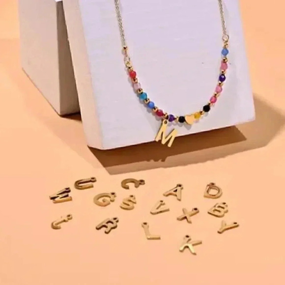 Crystal Beaded Gold Initial Necklace - Stainless Steel -Heart - Handmade - Picture 2 of 4